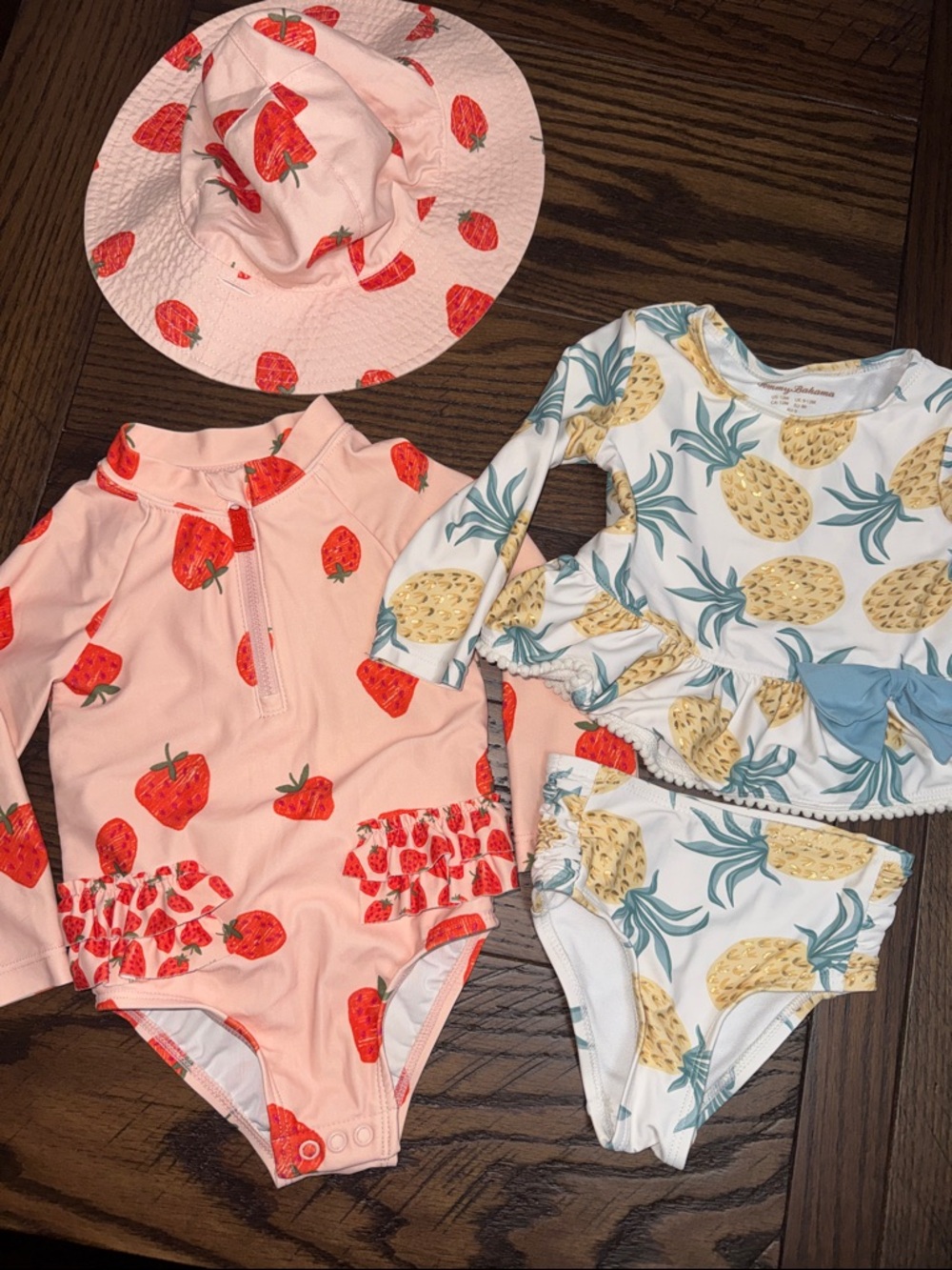 🩱👙Set of Two 12 M Swimsuits. Carter's Pink Strawberry & Tommy Bahama Pineapple🍍🍓